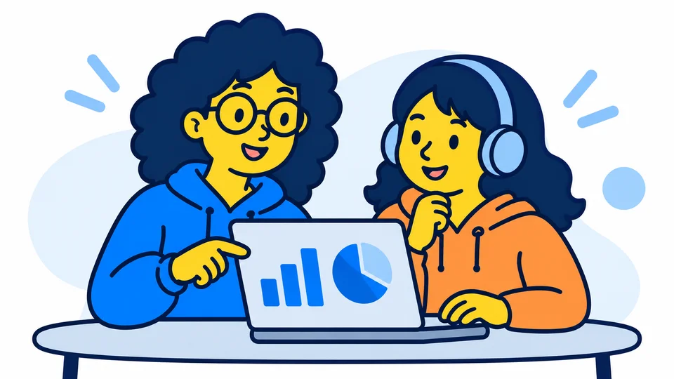 学生が一緒にデータ分析を体験する様子を描いたイラスト