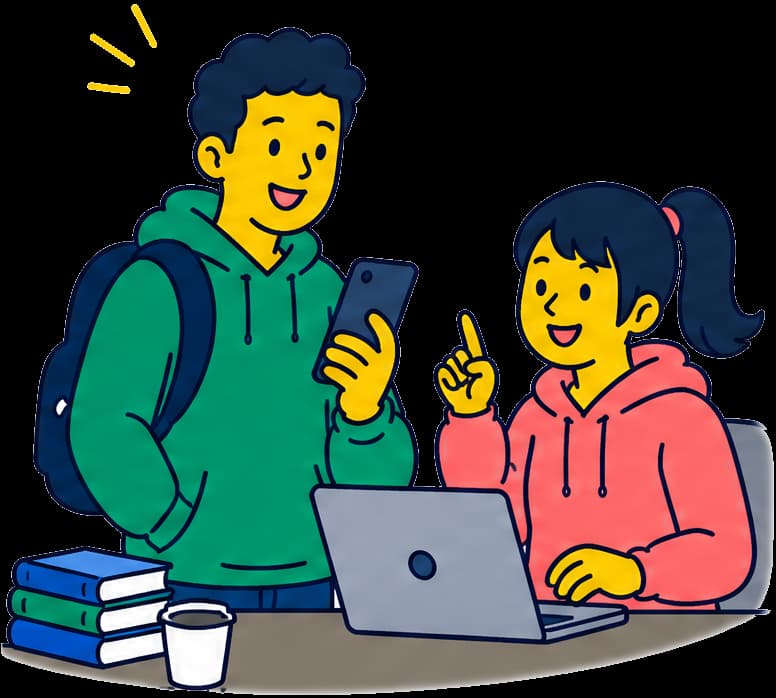 相談しながらパソコンを使う学生のイラスト