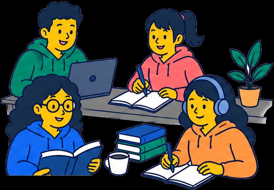 一緒に学び、大学生活を送る学生たちのイラスト